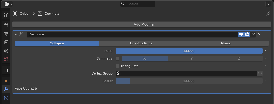 Decimate modifier panel with Ratio set to 1.0000