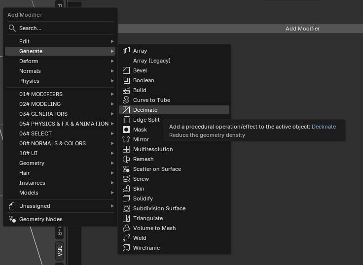 Add Modifier menu with Generate expanded and Decimate highlighted