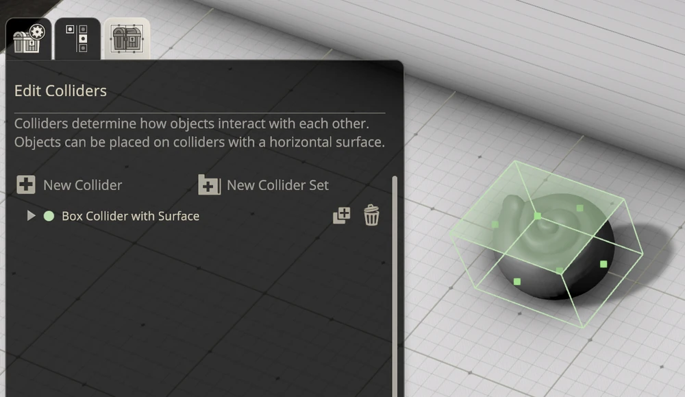 Edit Colliders panel in Dungeon Alchemist showing a Box Collider with Surface around a 3D object