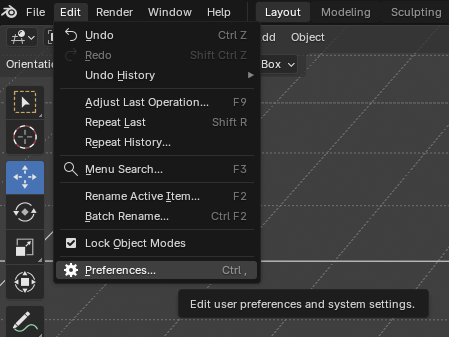 Blender Edit menu with Preferences highlighted