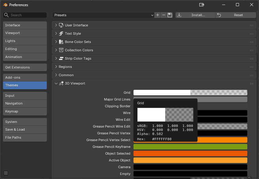 Blender Preferences Themes panel with 3D Viewport Grid color picker open