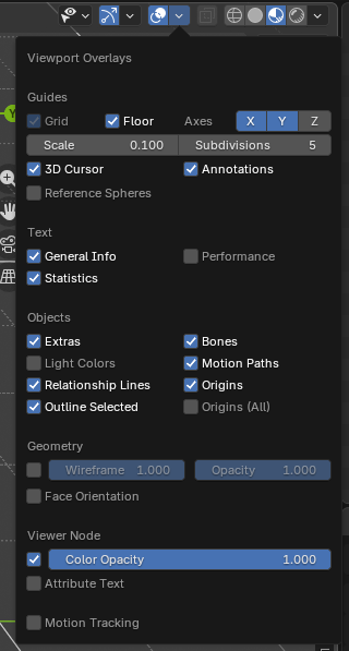 Blender Viewport Overlays panel with Scale 0.1 and Subdivisions 5