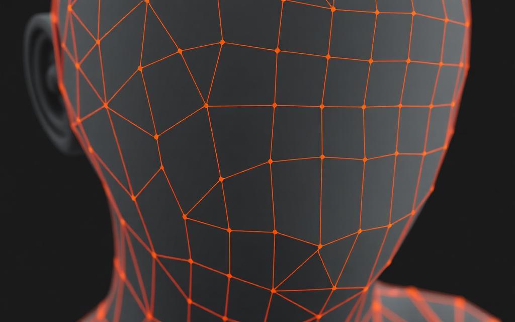 Wireframe of a low-poly character head