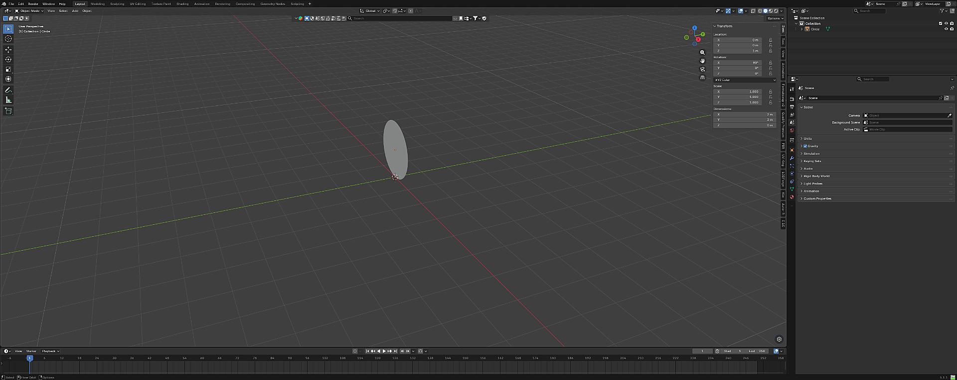 Blender N-Panel Location Z set to 1, circle mesh resting on the grid