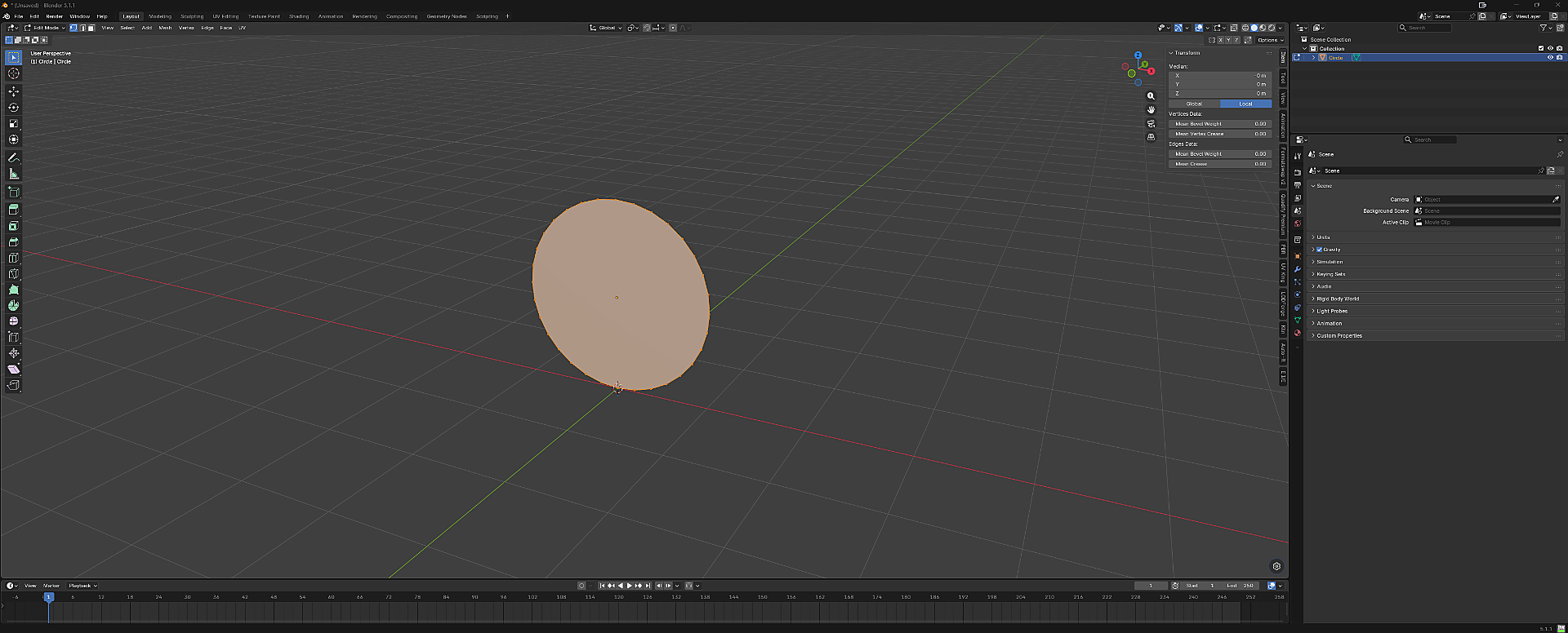 Blender Edit Mode with the circle mesh selected in the viewport