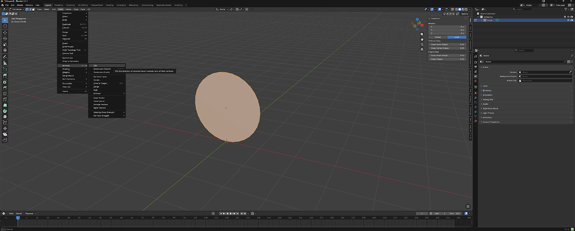 Blender Mesh menu showing Normals submenu with Flip option highlighted