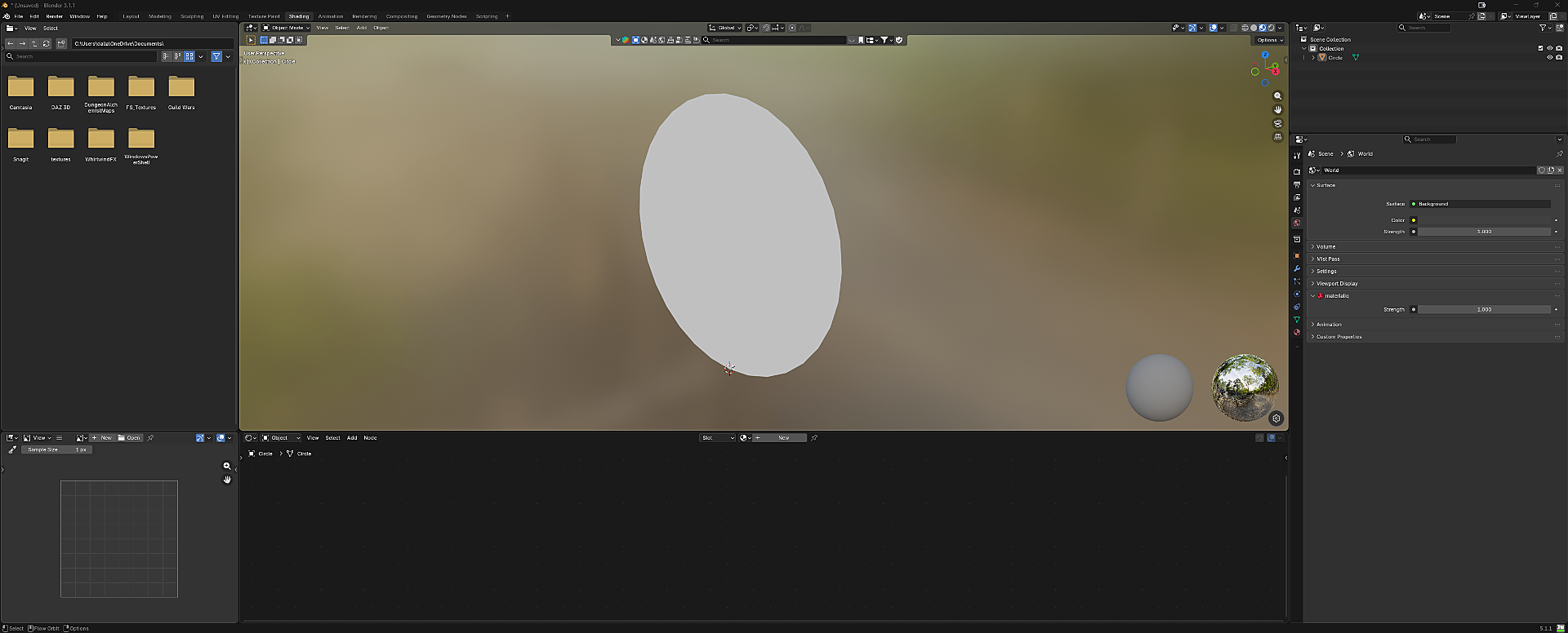 Blender Shading workspace showing the mesh in the viewport with the shader editor below
