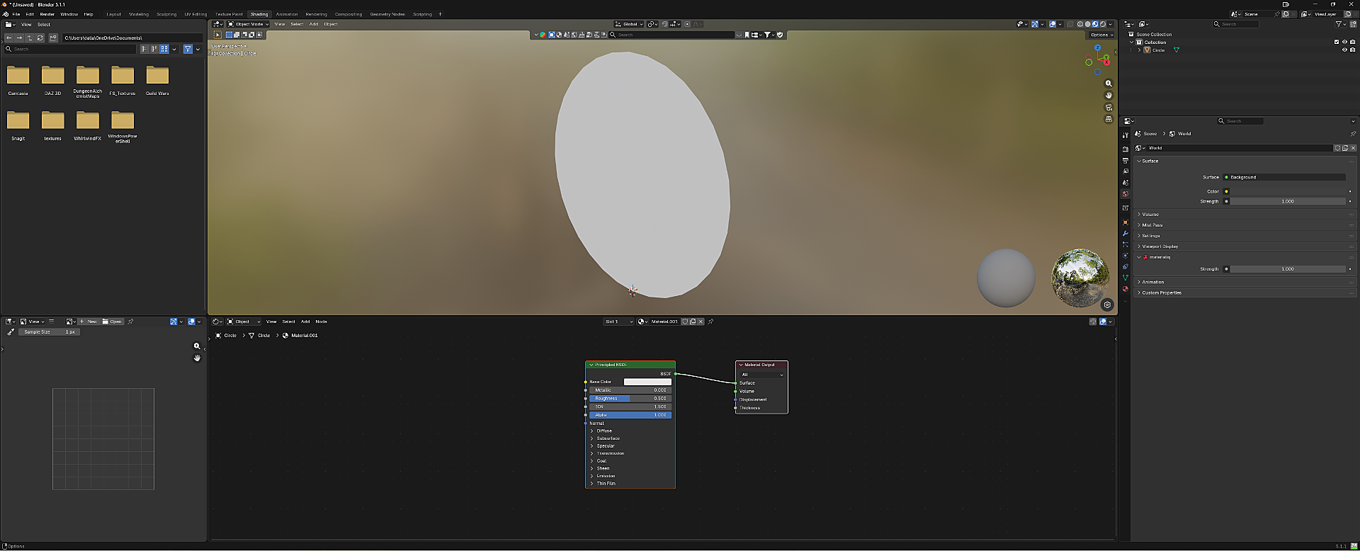Blender shader editor showing the default Principled BSDF node connected to Material Output