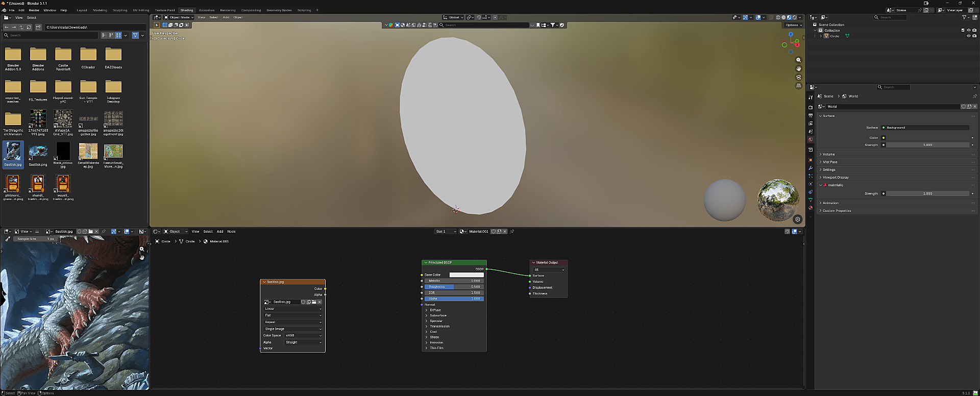 Image Texture node added in the shader editor after dragging an image from the file browser