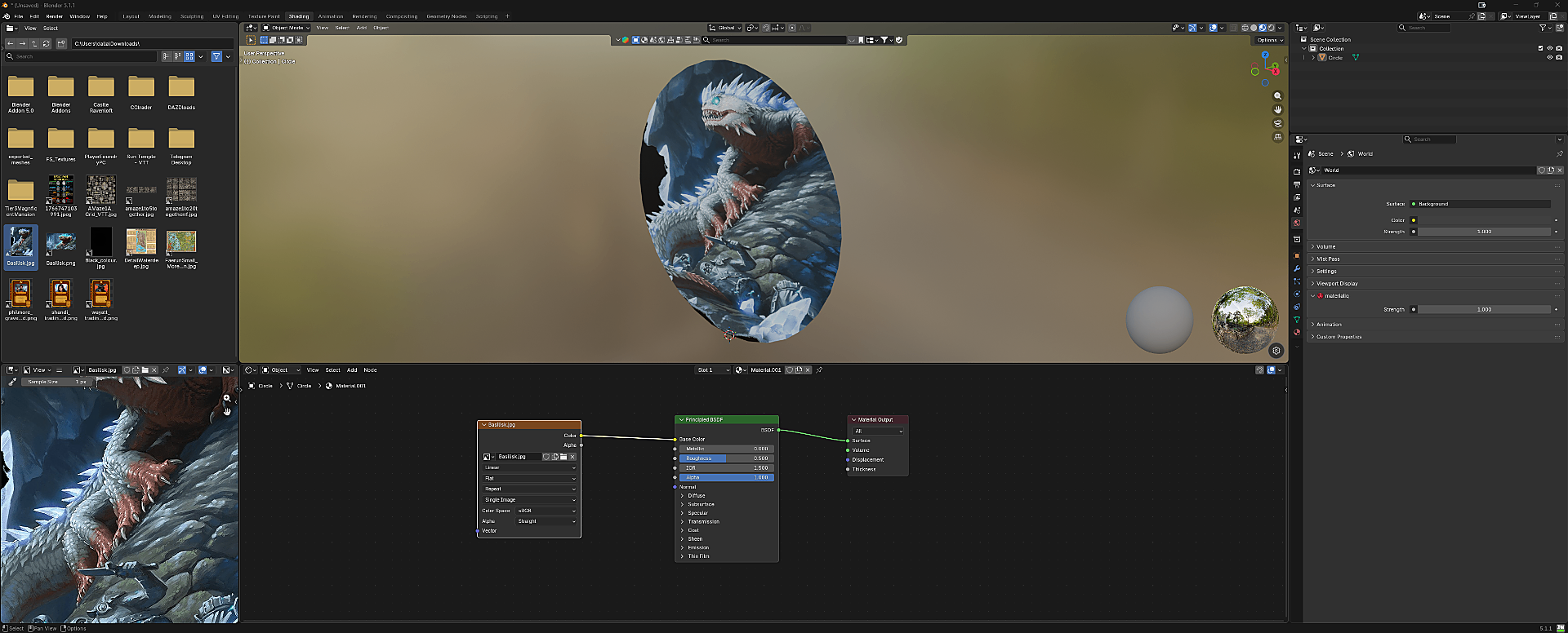 Image Texture Color output connected to the Principled BSDF Base Color input, with the image now showing on the mesh