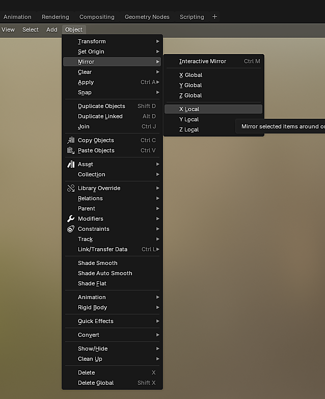 Blender Object menu open with Mirror submenu showing X Local highlighted