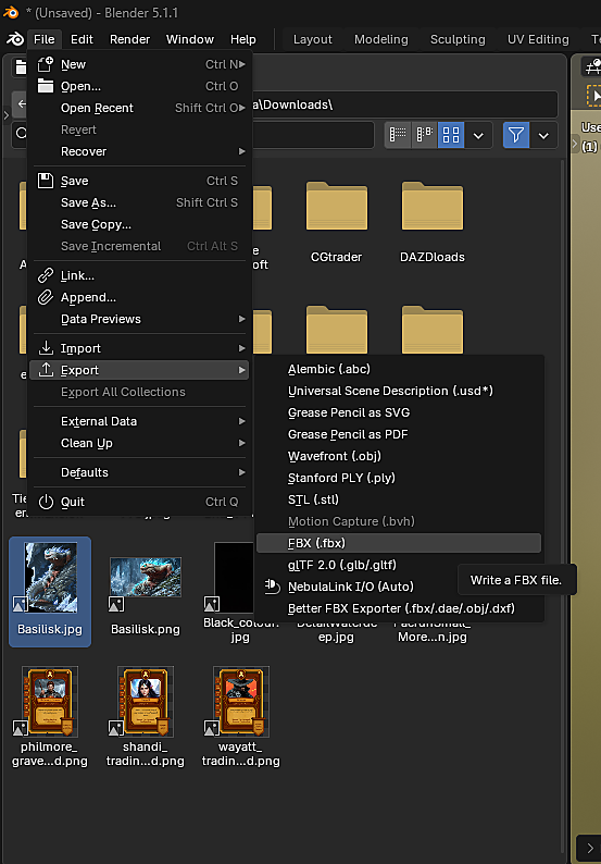 Blender File menu open with Export submenu showing FBX (.fbx) highlighted