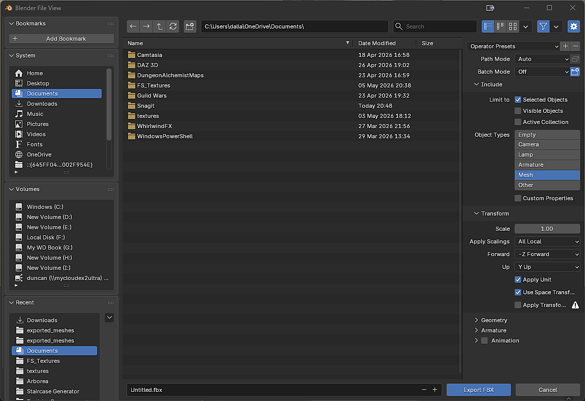 Blender FBX export dialog with Selected Objects checked, Mesh selected, and Animation unchecked