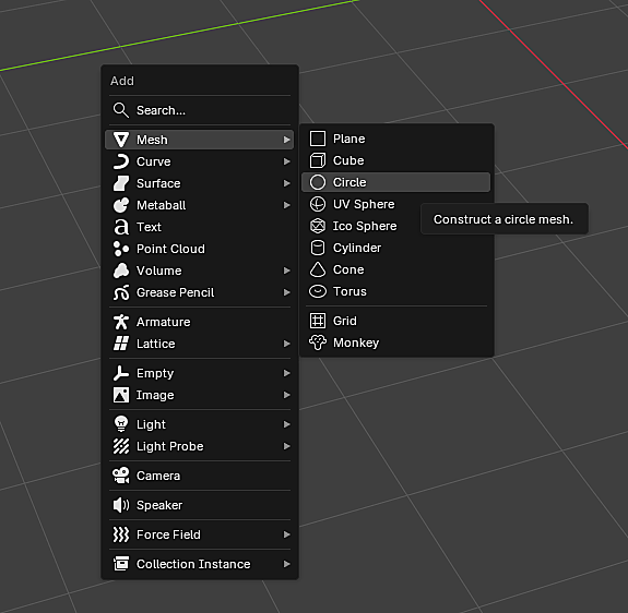 Blender Add menu showing Mesh submenu with Circle highlighted