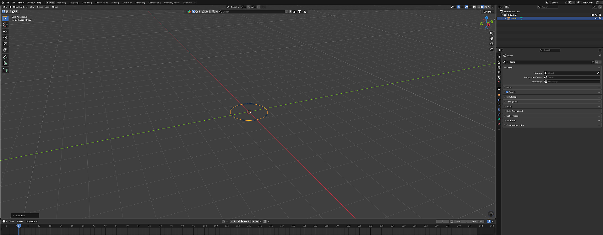 Orange circle outline placed on the Blender grid