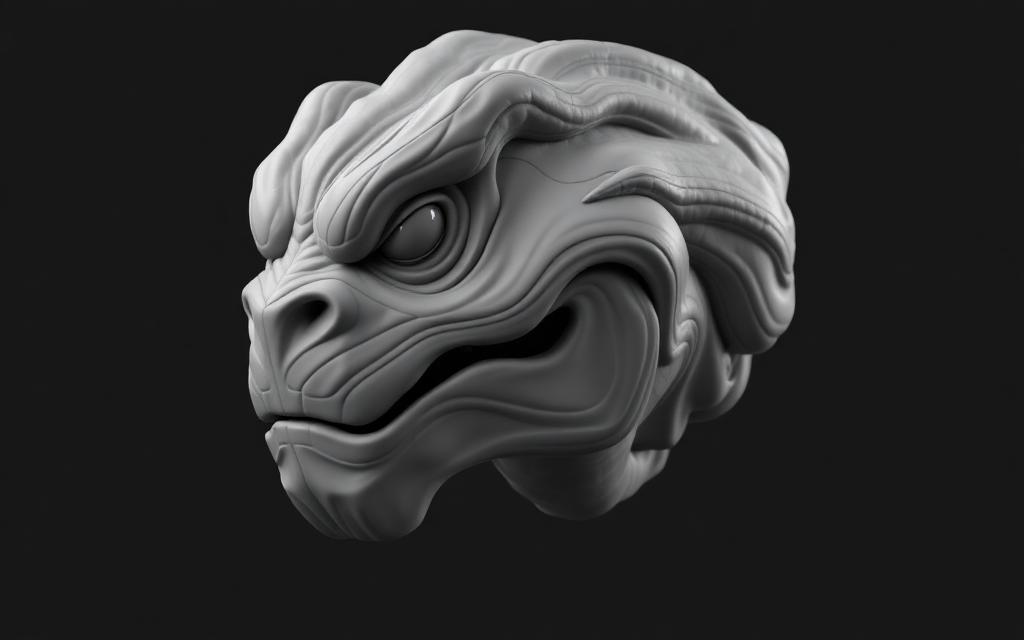 Sculpted creature head in clay material